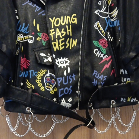 Black Studded Leather Jacket with Colorful Embroidery - Picture 3 of 5